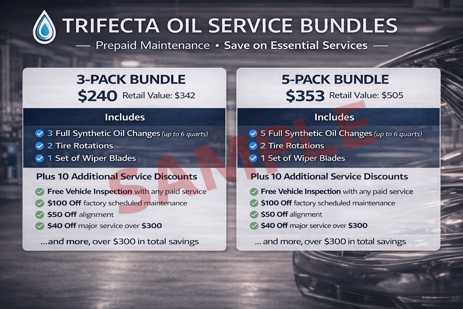 Trifecta Oil Service Bundles — 3-Pack Bundle at $240 and 5-Pack Bundle at $353, each including full synthetic oil changes, tire rotations, wiper blades, plus 10 additional service discounts